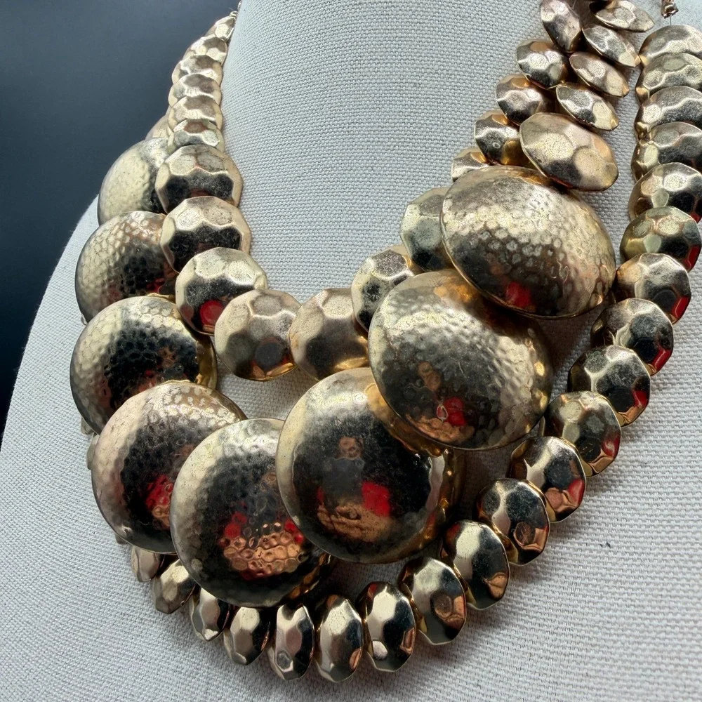 Gold Tone Hammered Disc Multi Strand Statement Bib Necklace Bold Chunky Layered